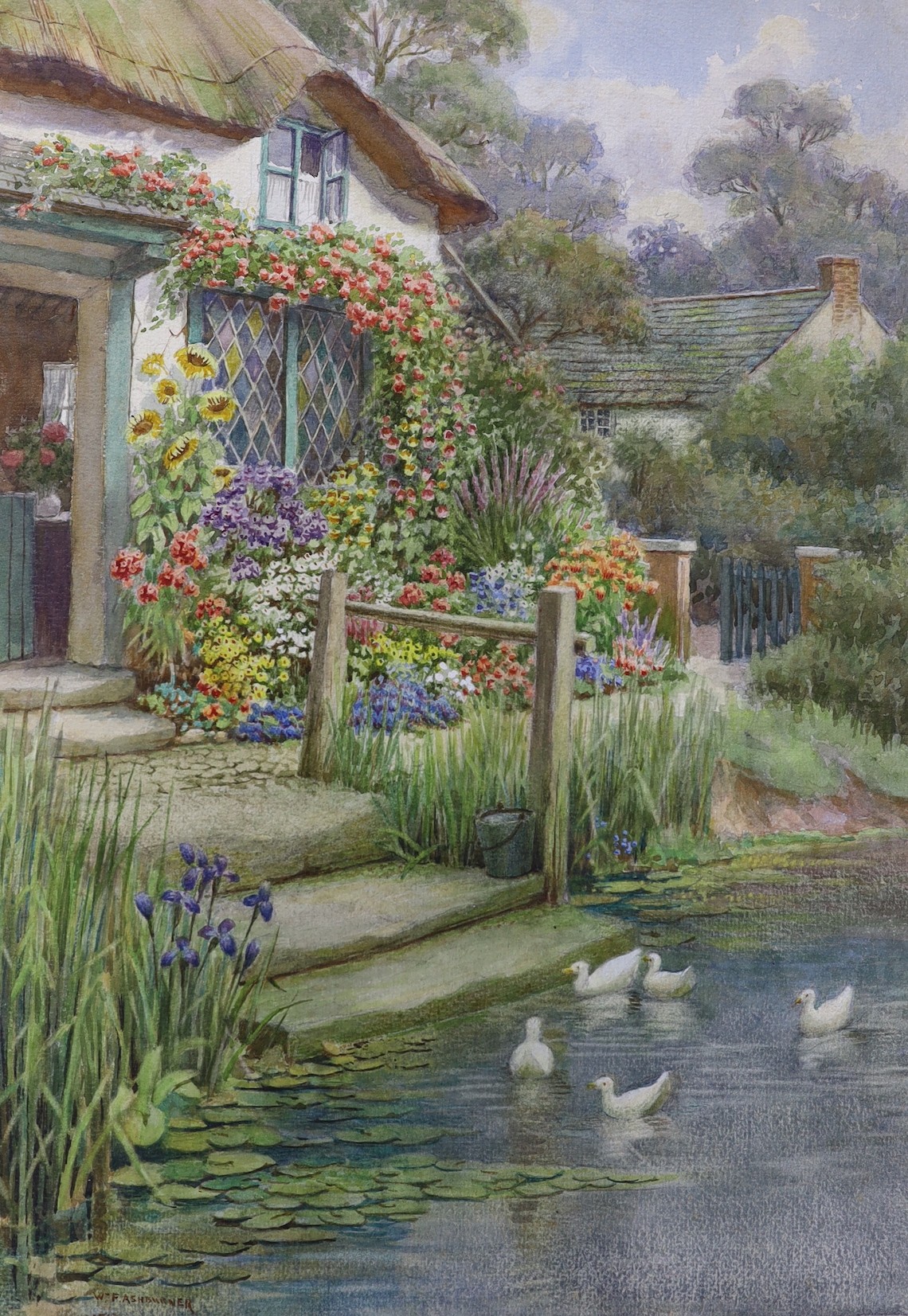 William Ashburner (active 1900-1932), three watercolours, Cottage Gardens, signed, unframed, largest 38 x 30cm